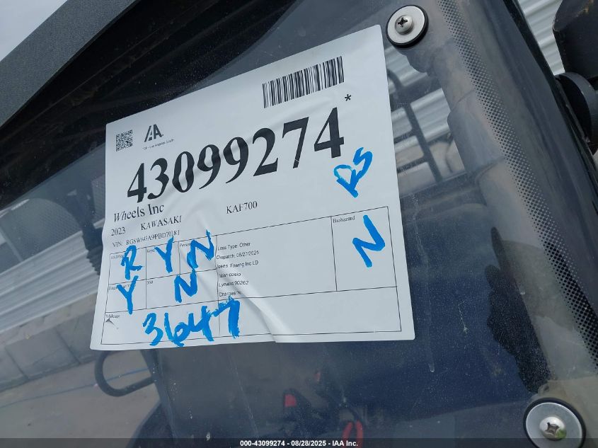 2023 Kawasaki Kaf700 A VIN: RGSW643A9PBD70181 Lot: 43099274