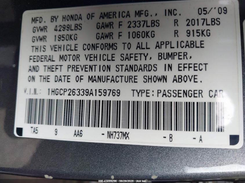 2009 Honda Accord 2.4 Lx VIN: 1HGCP26339A159769 Lot: 43099296