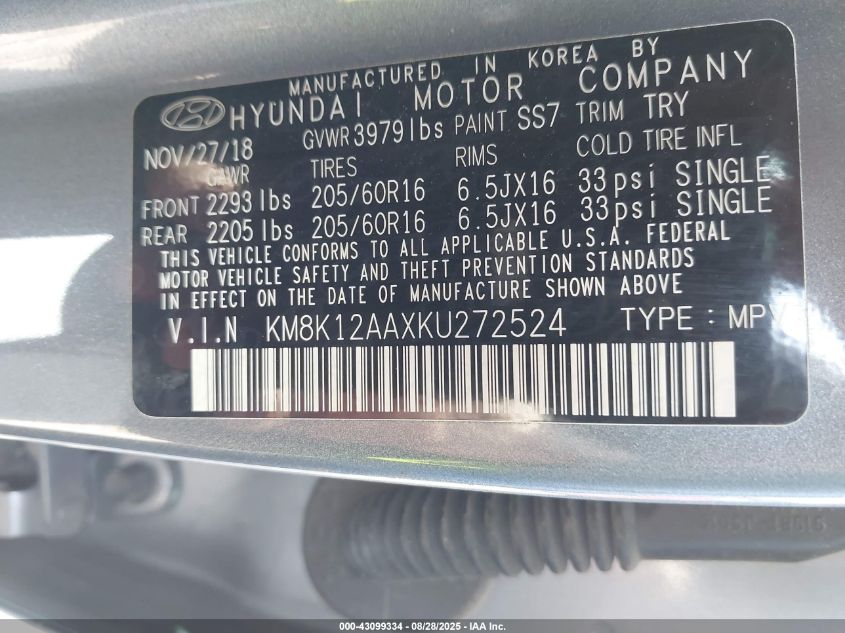 2019 Hyundai Kona Se VIN: KM8K12AAXKU272524 Lot: 43099334