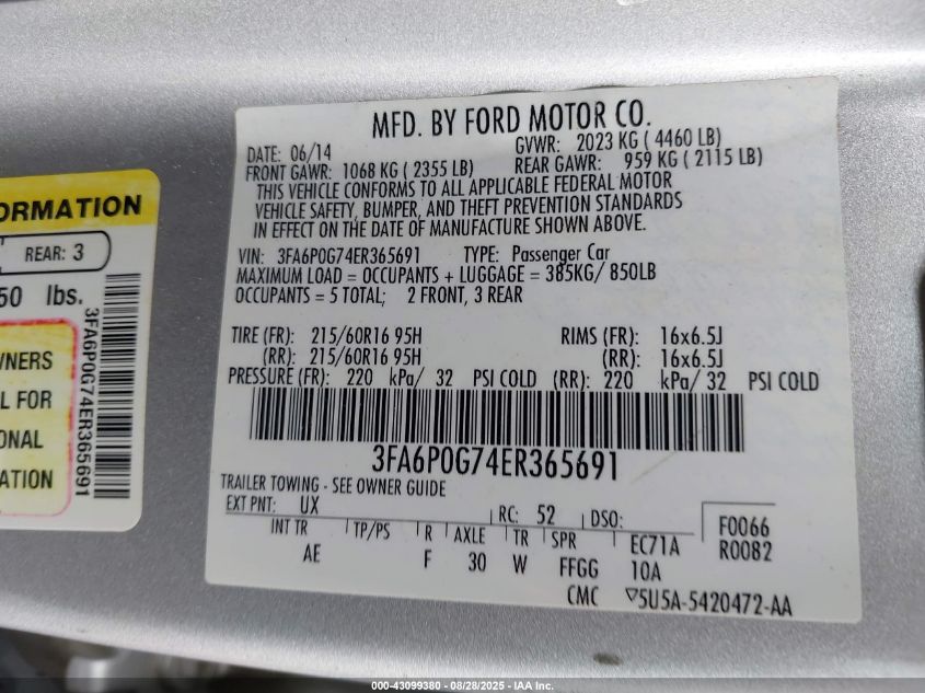 2014 Ford Fusion S VIN: 3FA6P0G74ER365691 Lot: 43099380