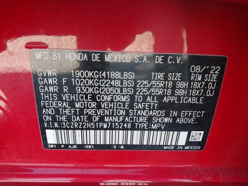 VIN 3CZRZ2H51PM715248 2023 HONDA HR-V AWD SPORT