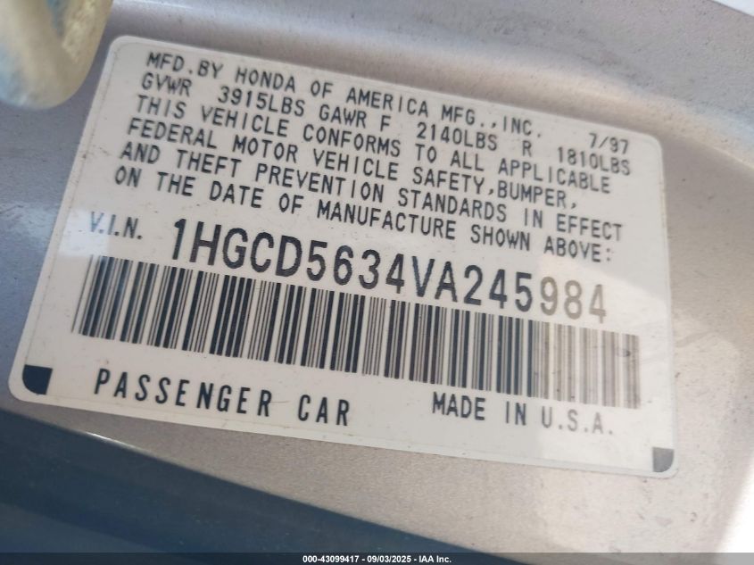 1997 Honda Accord Lx VIN: 1HGCD5634VA245984 Lot: 43099417