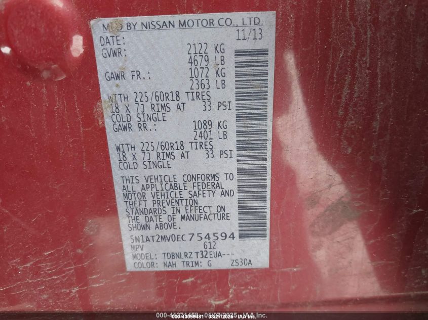 2014 Nissan Rogue Sl VIN: 5N1AT2MV0EC754594 Lot: 43099481