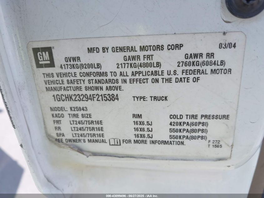 2004 Chevrolet Silverado 2500Hd Lt VIN: 1GCHK23294F215384 Lot: 43099496