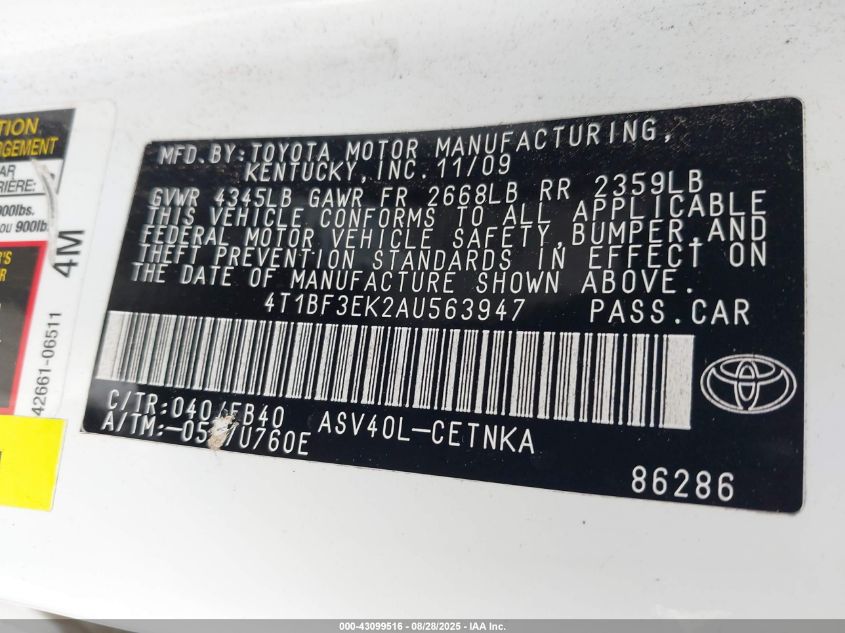 2010 Toyota Camry VIN: 4T1BF3EK2AU563947 Lot: 43099516