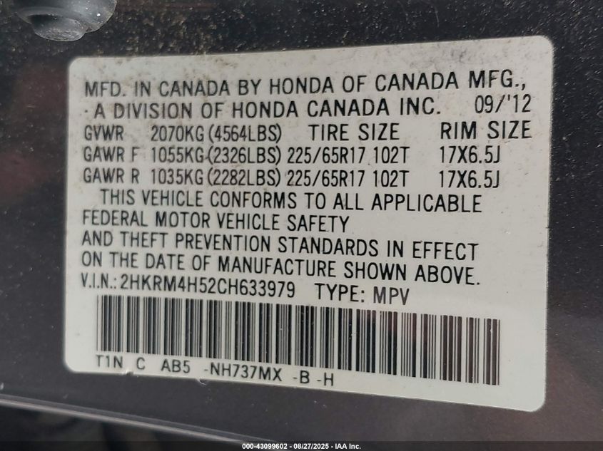 2012 Honda Cr-V Ex VIN: 2HKRM4H52CH633979 Lot: 43099602