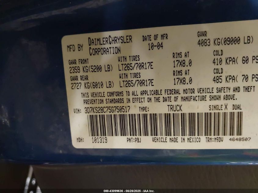 2005 Dodge Ram 2500 Slt/Laramie VIN: 3D7KS28C75G750517 Lot: 43099636