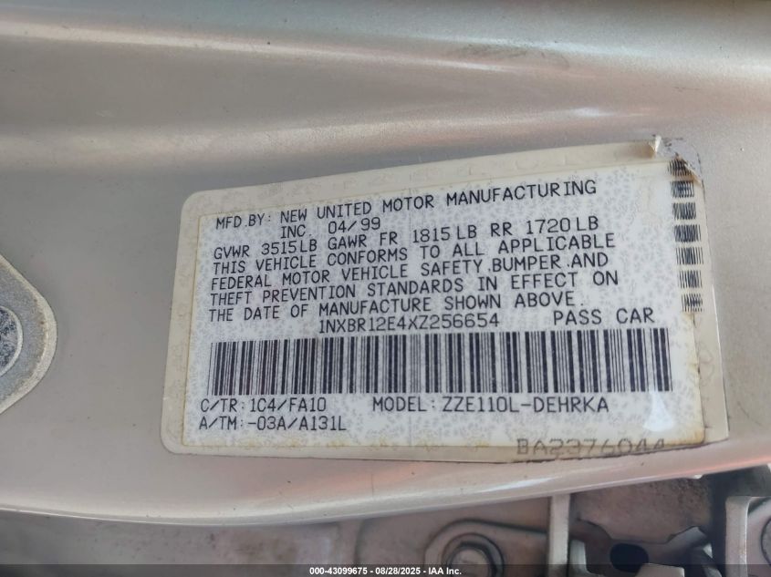 1999 Toyota Corolla Ve VIN: 1NXBR12E4XZ256654 Lot: 43099675