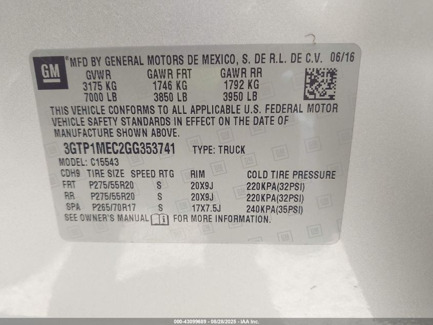 2016 GMC Sierra 1500 Sle VIN: 3GTP1MEC2GG353741 Lot: 43099689