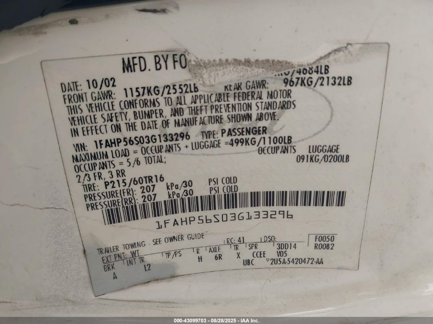 2003 Ford Taurus Sel VIN: 1FAHP56S03G133296 Lot: 43099703