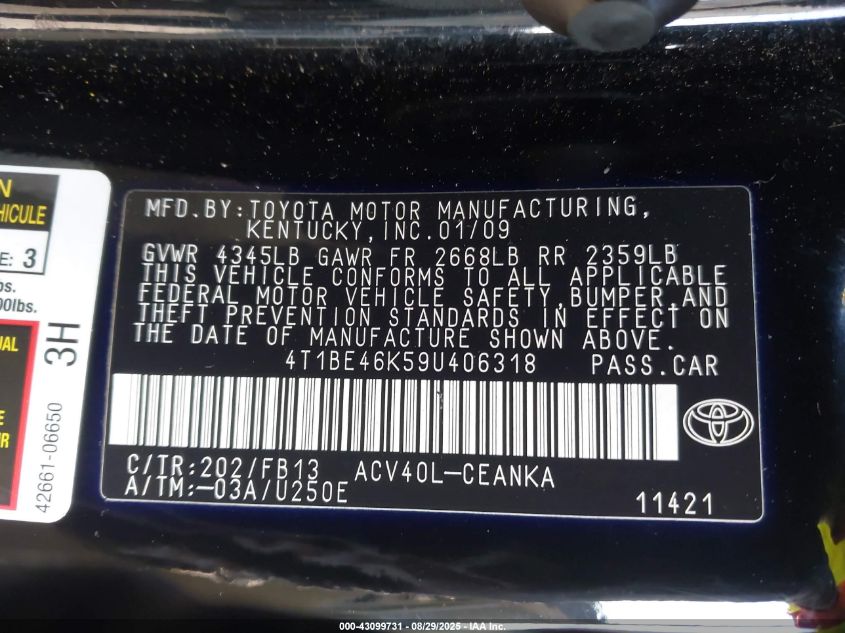 2009 Toyota Camry Le VIN: 4T1BE46K59U406318 Lot: 43099731