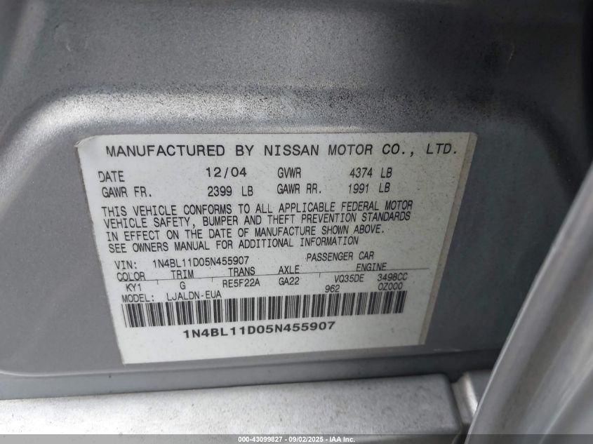 2005 Nissan Altima 3.5 Sl VIN: 1N4BL11D05N455907 Lot: 43099827