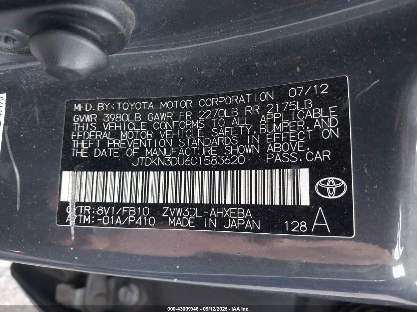 2012 Toyota Prius Two VIN: JTDKN3DU6C1583620 Lot: 43099948