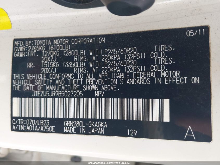 2011 Toyota 4Runner Limited V6 VIN: JTEZU5JR9B5027205 Lot: 43099988