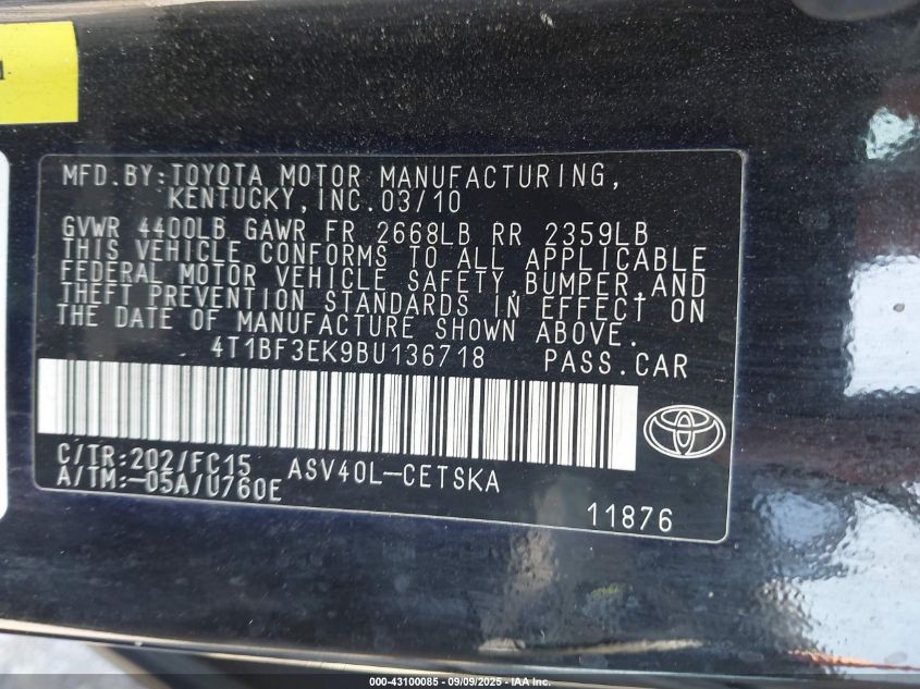 2011 Toyota Camry Se VIN: 4T1BF3EK9BU136718 Lot: 43100085