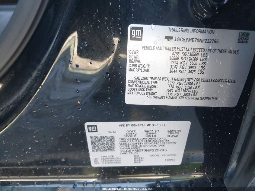 2022 Chevrolet Silverado K2500 Custom VIN: 1GC5YME70NF222795 Lot: 43100148