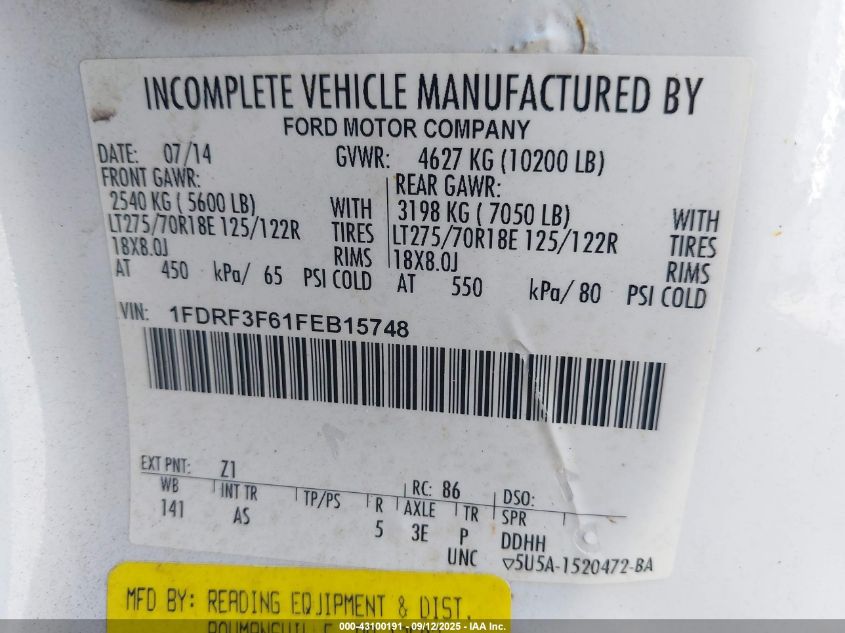 2015 Ford F-350 Chassis Xl VIN: 1FDRF3F61FEB15748 Lot: 43100191