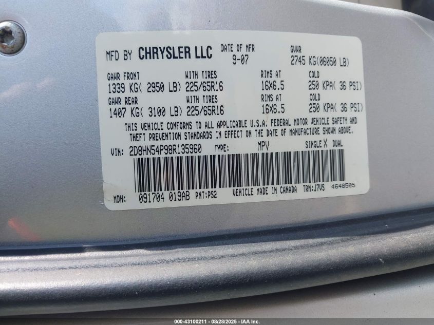 2008 Dodge Grand Caravan Sxt VIN: 2D8HN54P98R135960 Lot: 43100211