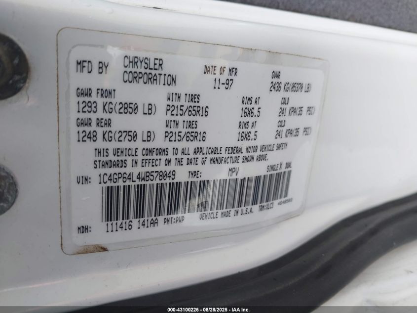 1998 Chrysler Town & Country Lxi VIN: 1C4GP64L4WB578049 Lot: 43100226