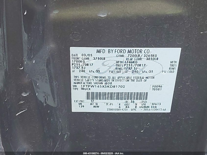 2005 Ford F-150 Fx4/Lariat/Xlt VIN: 1FTPW145X5KD81702 Lot: 43100274