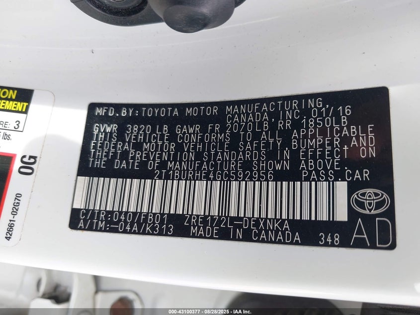 2016 TOYOTA COROLLA LE - 2T1BURHE4GC592956