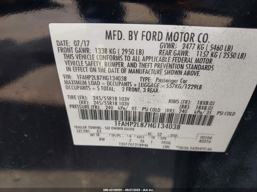 2017 Ford Police Interceptor VIN: 1FAHP2L87HG134038 Lot: 43100391