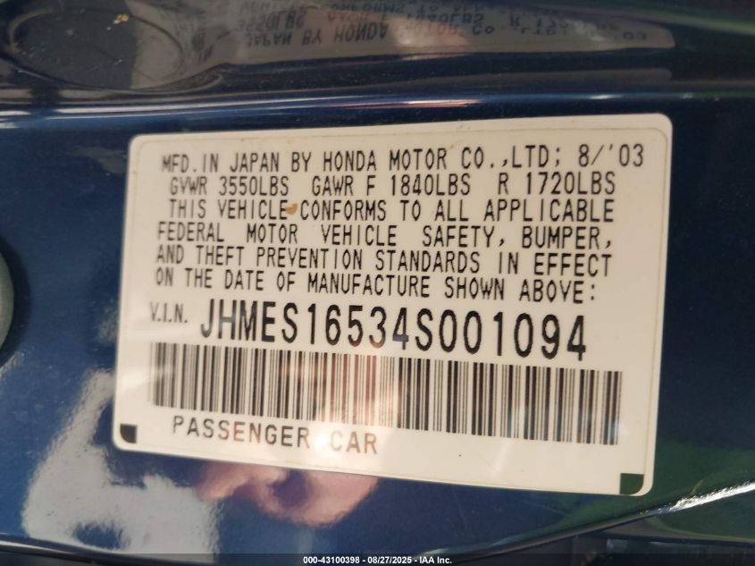 2004 Honda Civic Lx VIN: JHMES16534S001094 Lot: 43100398