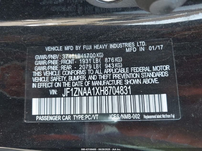 2017 Toyota 86 VIN: JF1ZNAA1XH8704831 Lot: 43100400