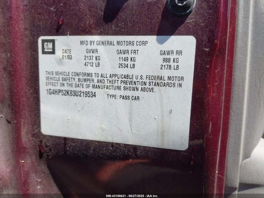 2003 Buick Lesabre Custom VIN: 1G4HP52K83U219534 Lot: 43100421