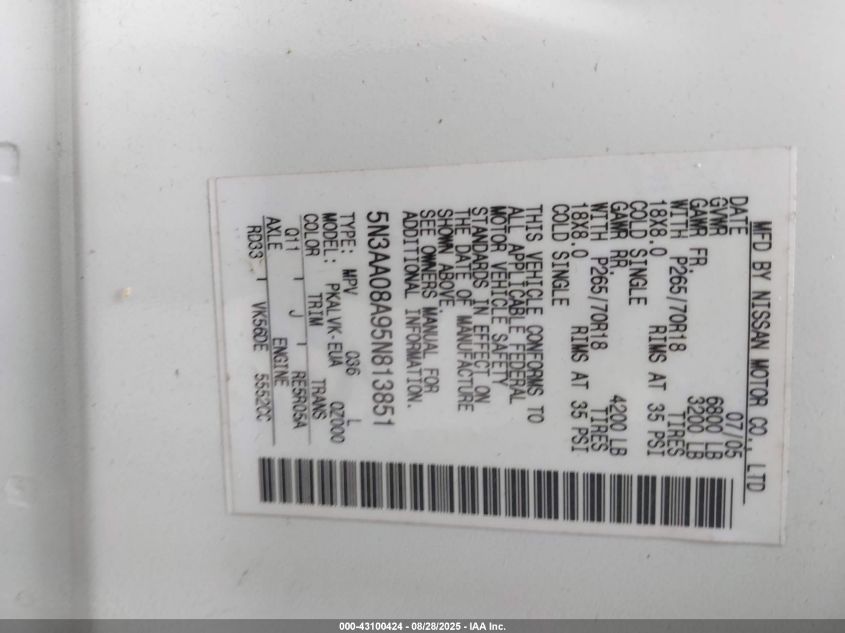 2005 Infiniti Qx56 VIN: 5N3AA08A95N813851 Lot: 43100424