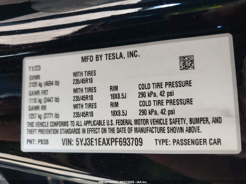 2023 Tesla Model 3 Rear-Wheel Drive VIN: 5YJ3E1EAXPF693709 Lot: 43100524