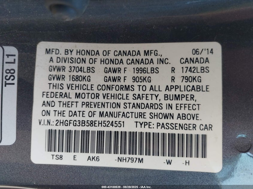 2014 Honda Civic Lx VIN: 2HGFG3B58EH524551 Lot: 43100539