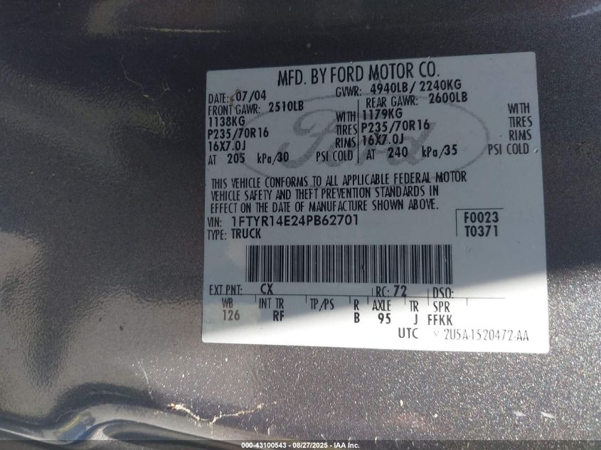 2004 Ford Ranger Edge VIN: 1FTYR14E24PB62701 Lot: 43100543