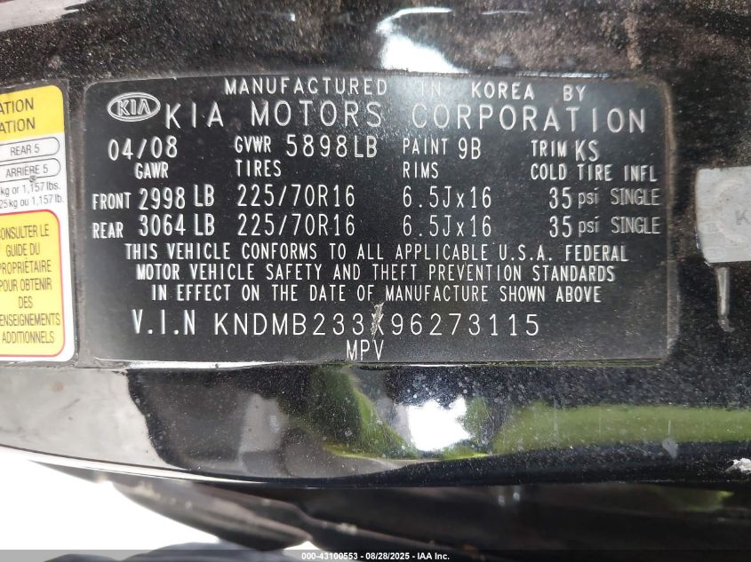 2009 Kia Sedona Lx VIN: KNDMB233X96273115 Lot: 43100553