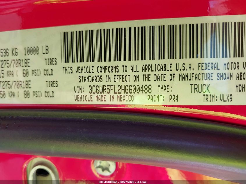 2017 Ram 2500 VIN: 3C6UR5FL2HG600488 Lot: 43100643