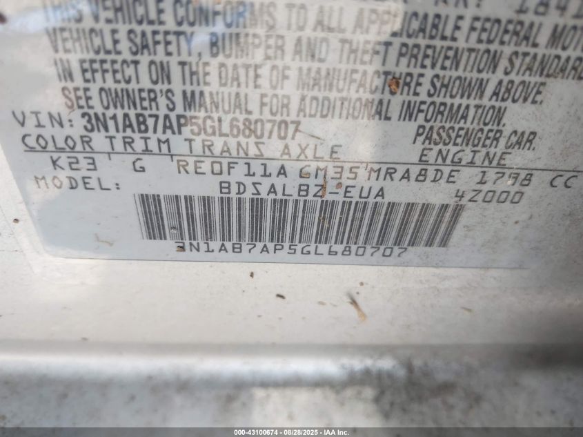 2016 Nissan Sentra S VIN: 3N1AB7AP5GL680707 Lot: 43100674