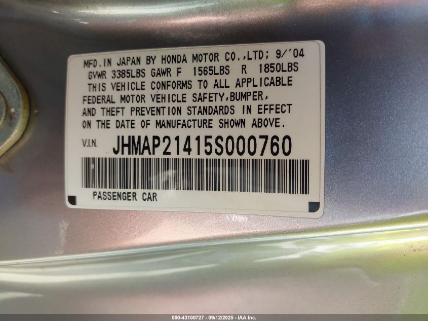 2005 Honda S2000 VIN: JHMAP21415S000760 Lot: 43100727