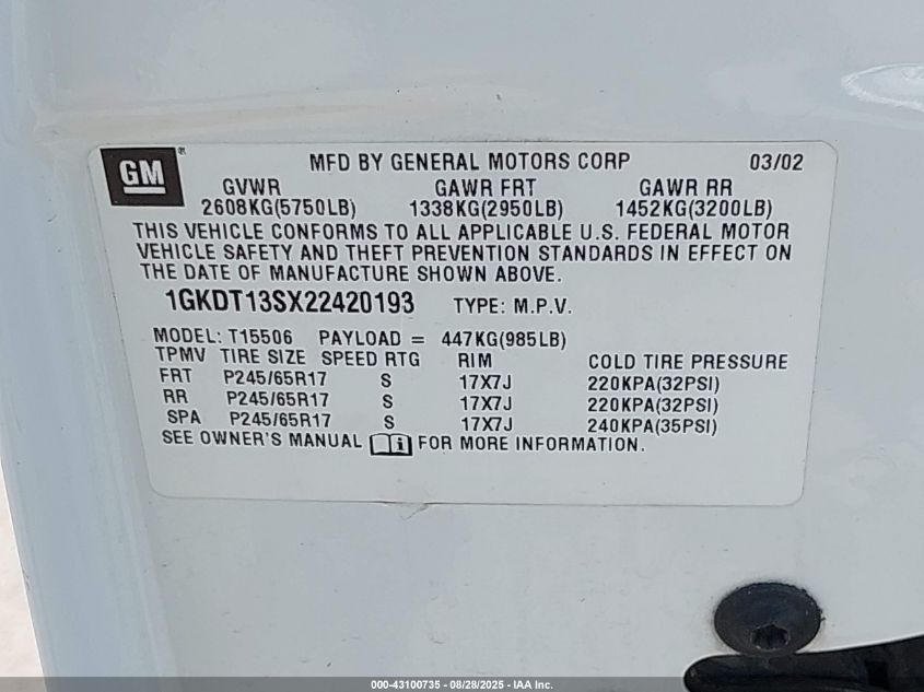 2002 GMC Envoy Slt VIN: 1GKDT13SX22420193 Lot: 43100735