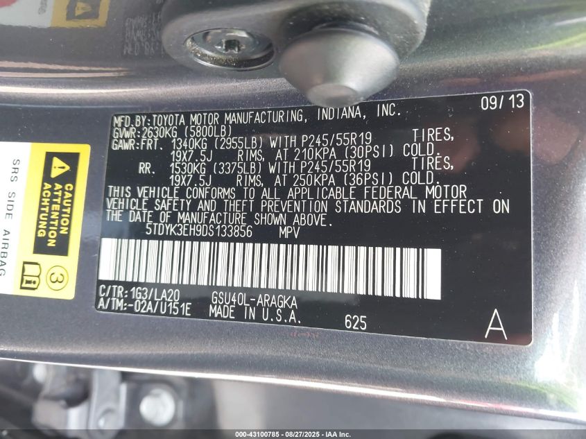 2013 Toyota Highlander Limited V6 VIN: 5TDYK3EH9DS133856 Lot: 43100785