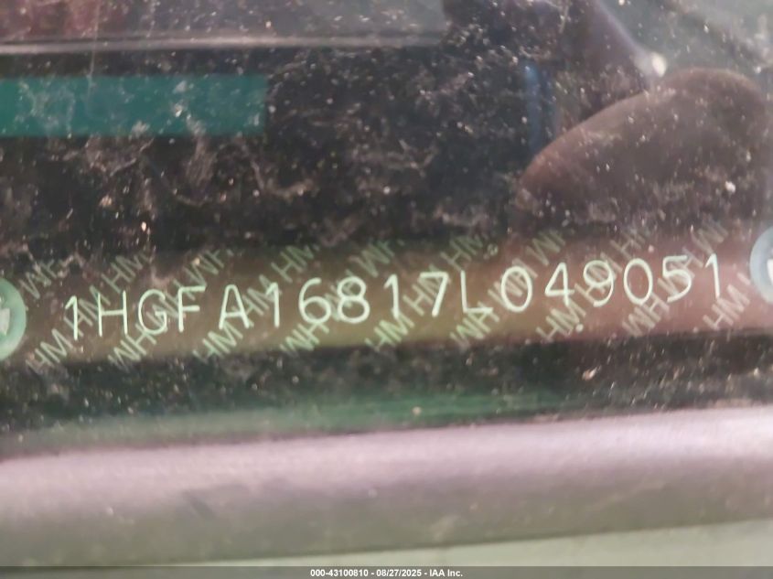 2007 Honda Civic Ex VIN: 1HGFA16817L049051 Lot: 43100810