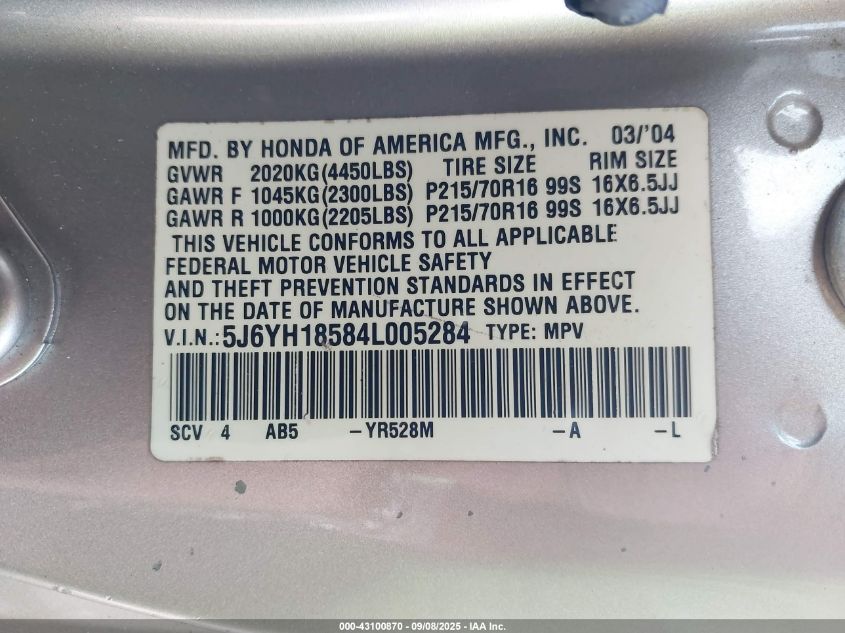 2004 Honda Element Ex VIN: 5J6YH18584L005284 Lot: 43100870