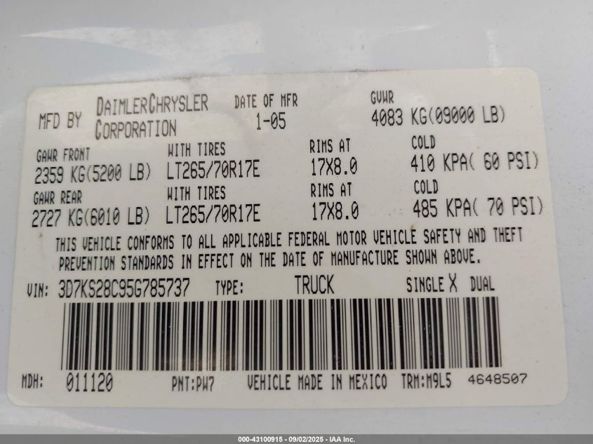 2005 Dodge Ram 2500 Slt/Laramie VIN: 3D7KS28C95G785737 Lot: 43100915