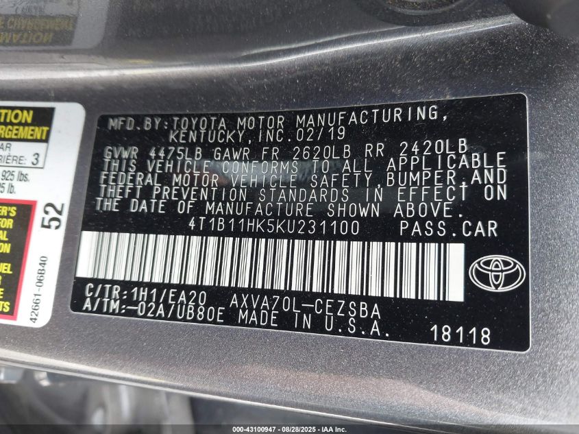 2019 Toyota Camry Se VIN: 4T1B11HK5KU231100 Lot: 43100947