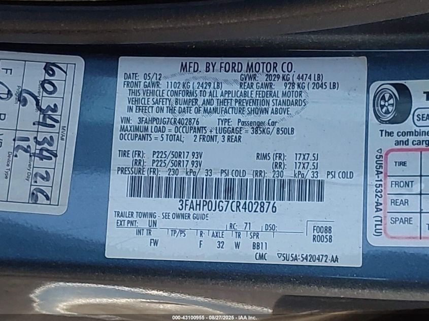 2012 Ford Fusion Sel VIN: 3FAHP0JG7CR402876 Lot: 43100955