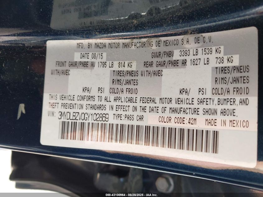 2016 Scion Ia VIN: 3MYDLBZV0GY102869 Lot: 43100964