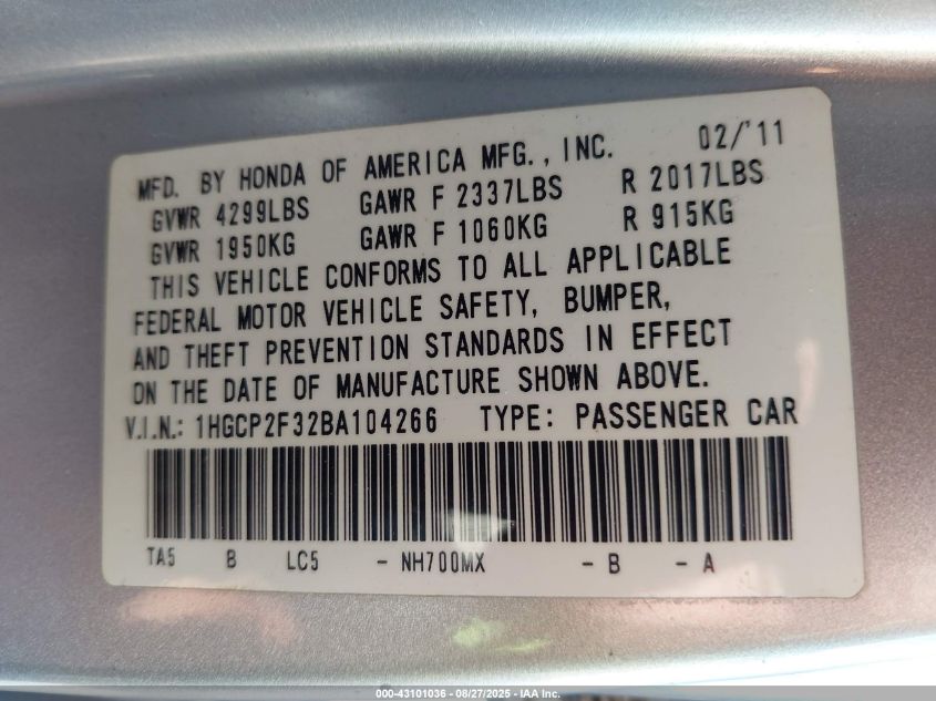 2011 Honda Accord 2.4 Lx VIN: 1HGCP2F32BA104266 Lot: 43101036