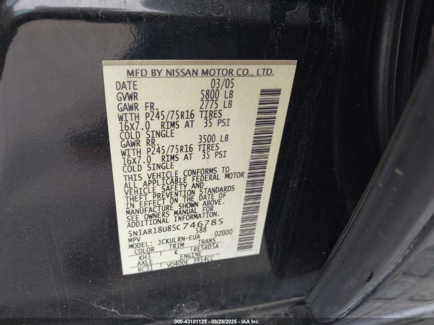 2005 Nissan Pathfinder Xe VIN: 5N1AR18U85C746785 Lot: 43101125