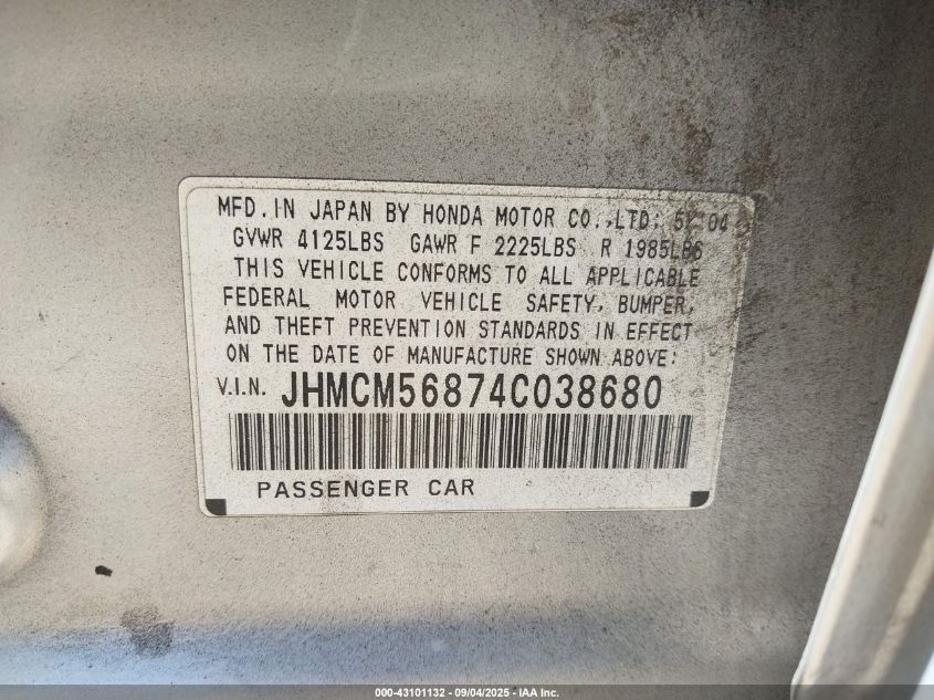 2004 Honda Accord 2.4 Ex VIN: JHMCM56874C038680 Lot: 43101132