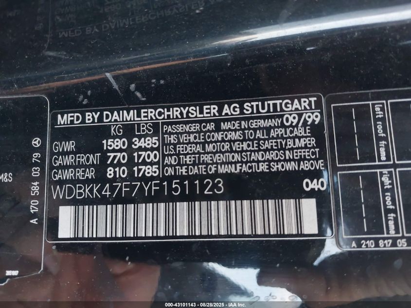 2000 Mercedes-Benz Slk 230 Kompressor VIN: WDBKK47F7YF151123 Lot: 43101143