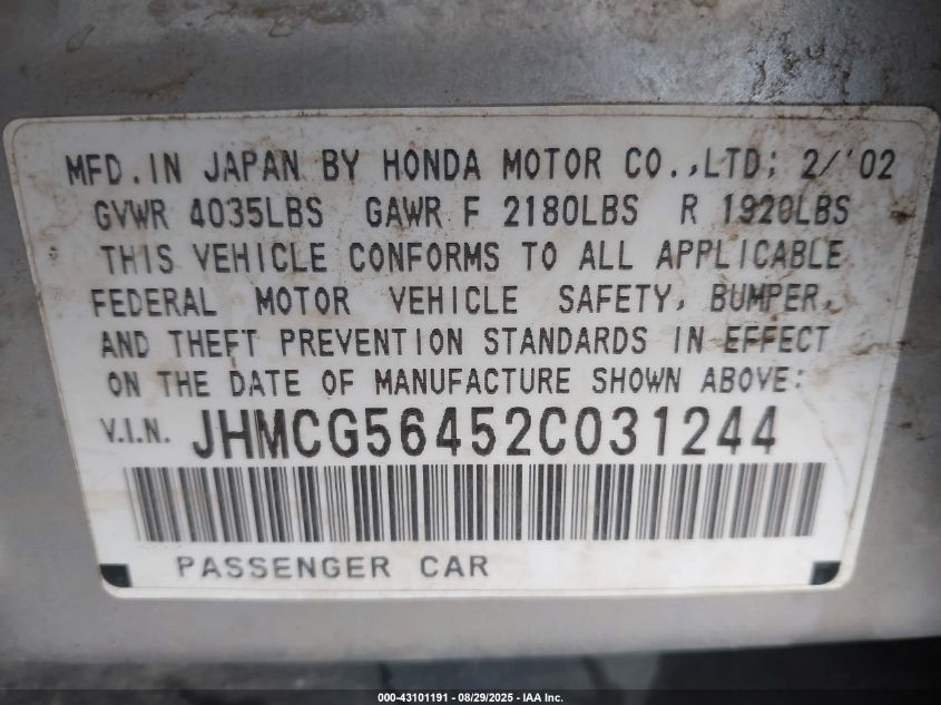 2002 Honda Accord 2.3 Lx VIN: JHMCG56452C031244 Lot: 43101191
